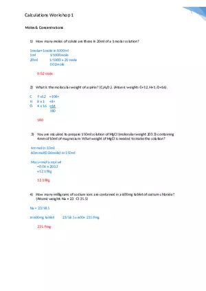 Calculations Workshop 1 Worked Answers