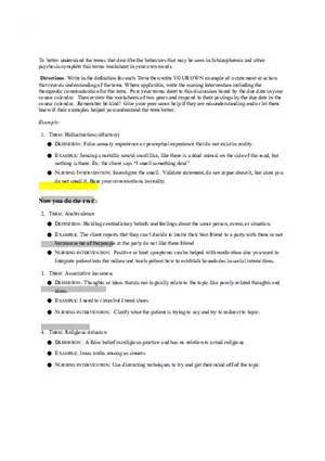 Terms in Schizophrenia Worksheet