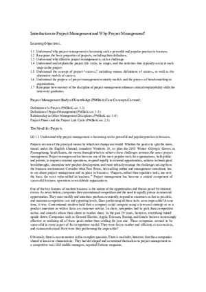 Lecture Notes - Introduction to Project Management and Why Project Management