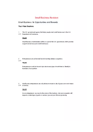 Small Business Its Opportunities and Rewards (Answer Key) Part 1