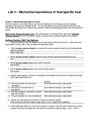 Lab - Mechnical Equivalence of Heat Specific Heat