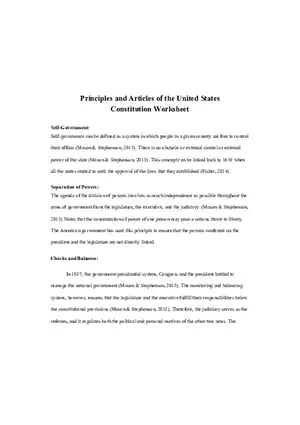 Principles and Articles of the United States Constitution Worksheet