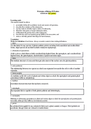 Principles of Biology II Protists Worksheet (Five Points)