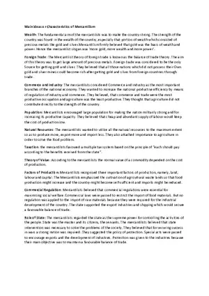 Main Ideas or Characteristics of Mercantilism