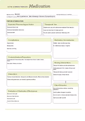 Altenolol Medication Concept Map ATI