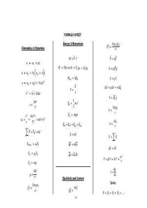 Physics Formula Sheet (Kinematics and Dynamics)