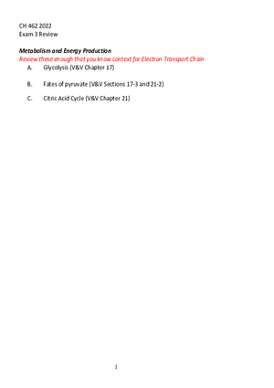 Exam 3 Review Metabolism and Energy Production