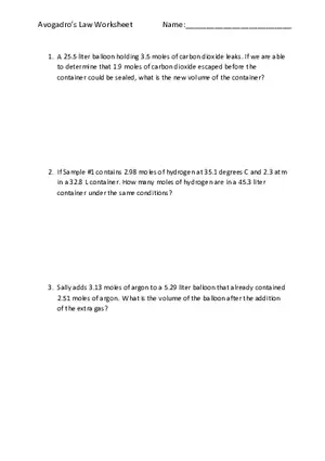 Avogadro’s Law Worksheet
