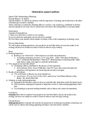 Informative Speech Outline - Diminishing of Reading