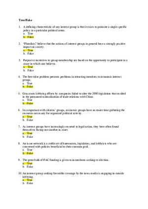 Chapter 9 Interest Groups Exam True False