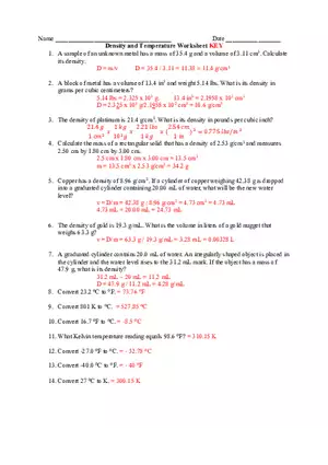 Density and Temperature Wokrsheet Key