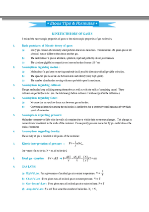 Etoos Tips and Formulas Kinetic Theory of Gases