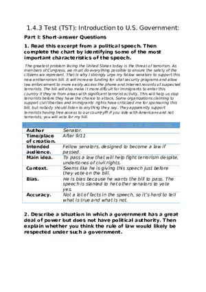 Introduction to U.S. Government Part I Short Answer Questions