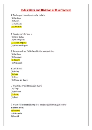 Indus River and Division of River System Quiz