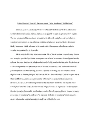 Critical Analysis Essay #2 Sherman Alexie What You Pawn I Will Redeem