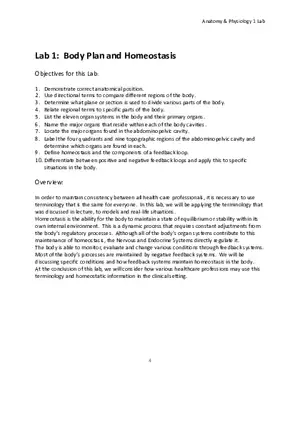 Lab 1 Body Plan and Homeostasis