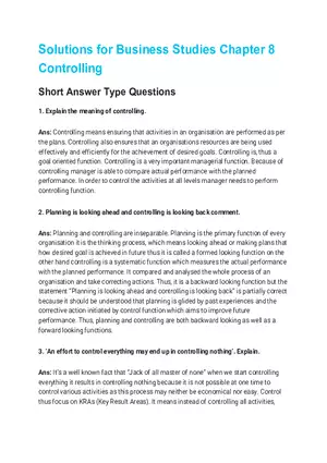 Solutions for Business Studies Chapter 8 Controlling Short Answer