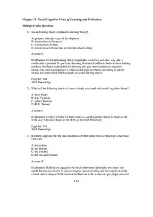 Chapter 11 Social Cognitive Views of Learning and Motivation Multiple Choice
