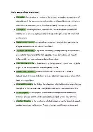 Psychology Unite Vocabulary Summary