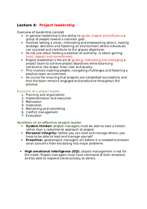 Project Management Lecture 4 Project Leadership