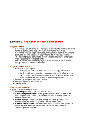 Project Management Lecture 8 Project Monitoring and Control