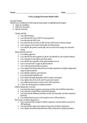 Unit 3 Energy Processes Study Guide