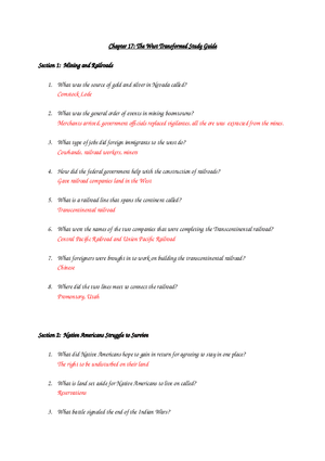 Chapter 17 The West Transformed Study Guide