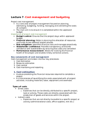 Project Management Lecture 7 Cost Management and Budgeting