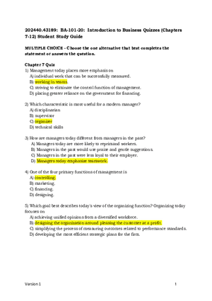 Introduction to Business Quiz Chapter 7