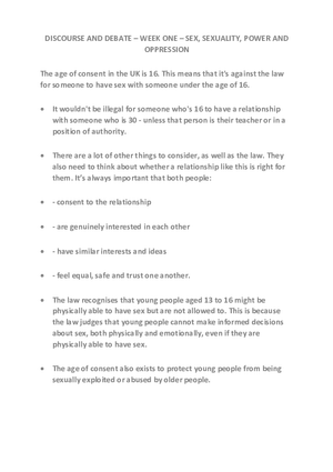 Week One - Sex, Sexuality, Power and Oppression - Discourse