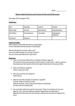 Review Sheet for Structure and Function of Cells and Cell Structures