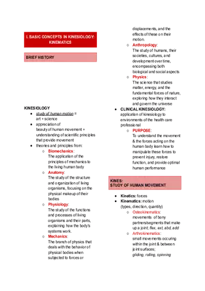 I. Basic Concepts in Kinesiology. Kinematics