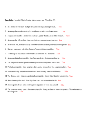 Module 7 Monopoly and Monopolistic Competition True False