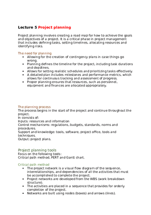 Project Management Lecture 5 Project Planning