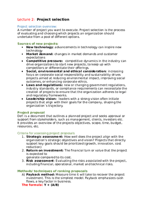 Project Management Lecture 2 Project Selection
