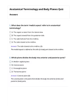 Anatomical Terminology and Body Planes Quiz Answers