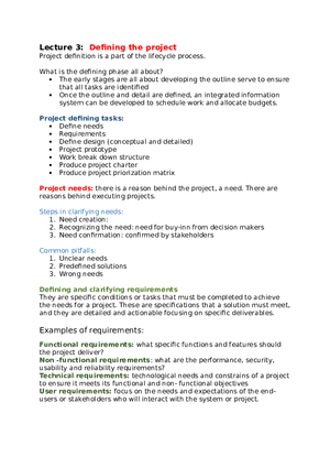 Project Management Lecture 3 Deﬁning the Project