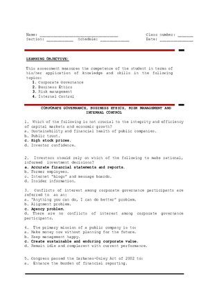 Corporate Governance, Business Ethics, Risk Management and Internal Control