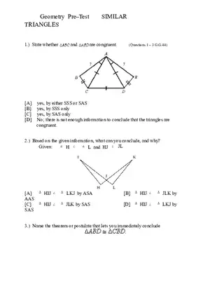 Geometry Pre-test Quiz Plan for Similar Triangles 1