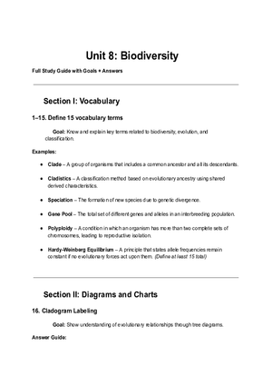 Unit 8 Biodiversity Full Study Guide with Goals + Answers