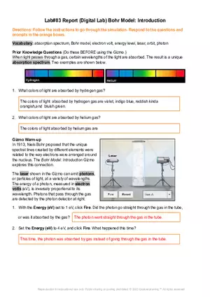 Lab#03 Report (Digital Lab) Bohr Model: Introduction