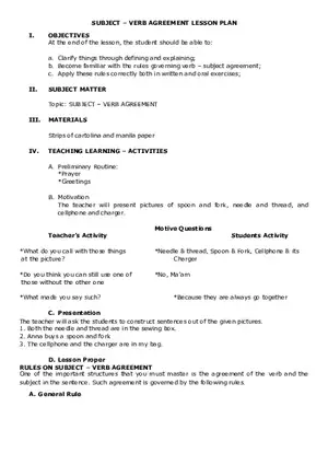 Lesson Plan In Subject Verb Agreement
