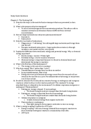 General Biology Exam 2 Study Guide Questions Ch 5 6 7
