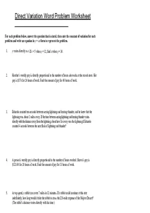 Direct Variation Word Problems Worksheet