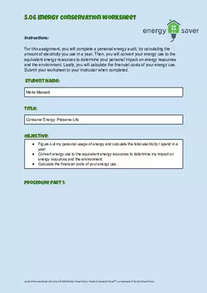 APES 5.06 Energy Conservation Worksheet
