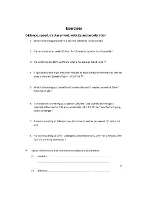 Exercises - Distance, Speed, Displacement, Velocity and Acceleration