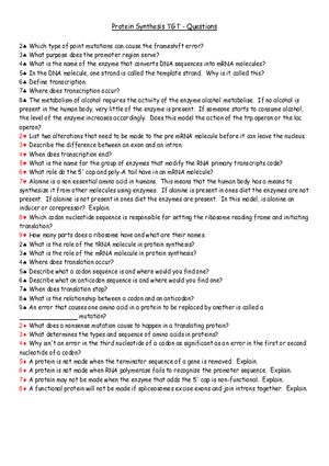 Protein Synthesis TGT - Questions