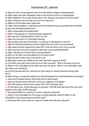 Photosynthesis TGT – Questions