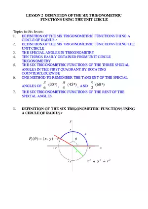 Definition Of The Six Trigonometric Functions Notes