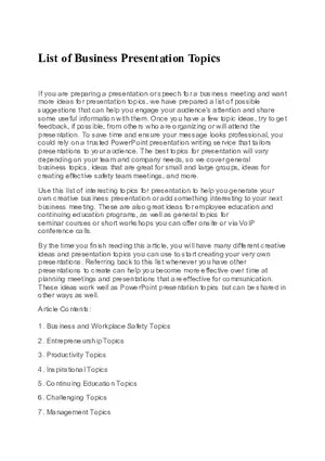 List of Business Presentation Topics